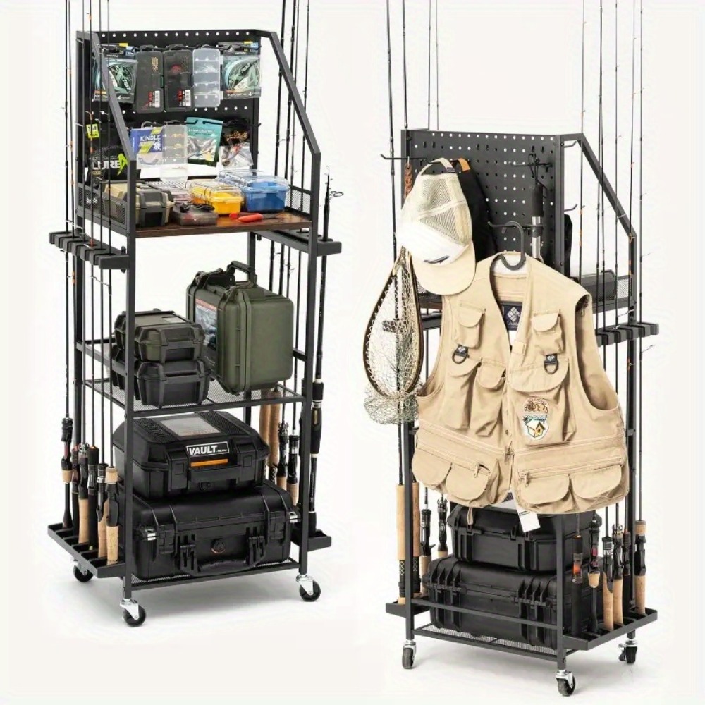 Fishing Rod Case - ガレージ用釣り竿ホルダー、ペグボードフック付き12本用釣り竿ホルダー、ローリングフィッシングカート、タックルボックス、ギア収納